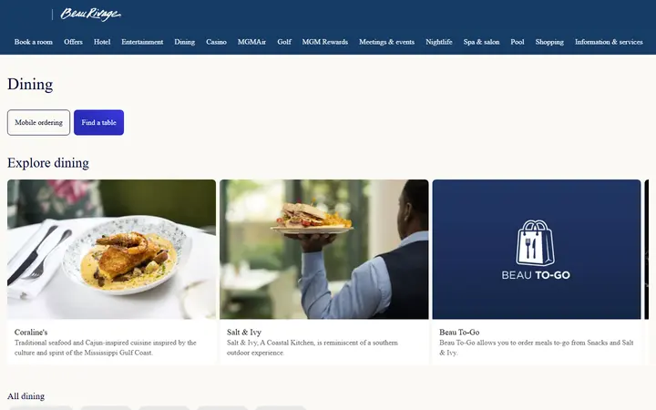 Captured dining page of Beau Rivage