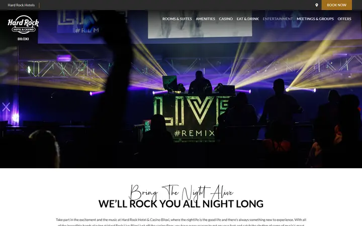 Captured entertainment page of Hard Rock Hotel & Casino Biloxi