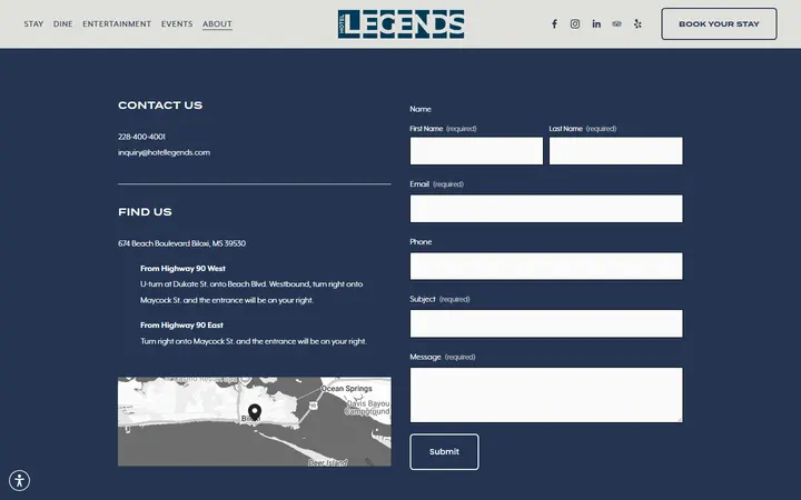 Captured contact page of Hotel Legends