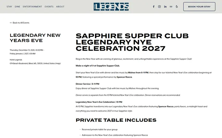 Captured entertainment page of Hotel Legends