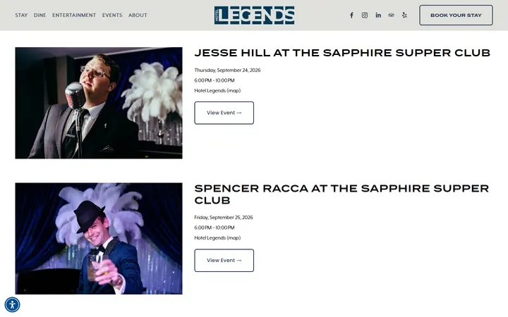 Captured entertainment page of Hotel Legends