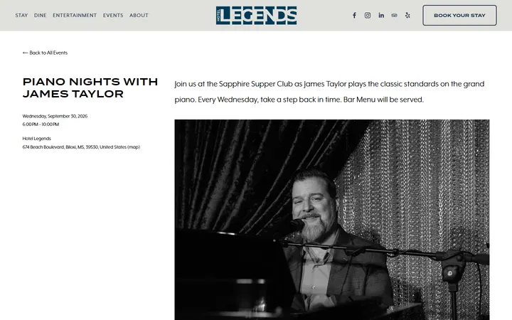 Captured entertainment page of Hotel Legends