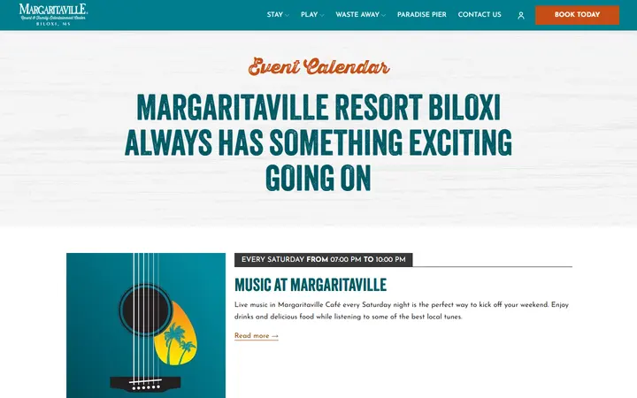 Captured entertainment page of Margaritaville Resort Biloxi