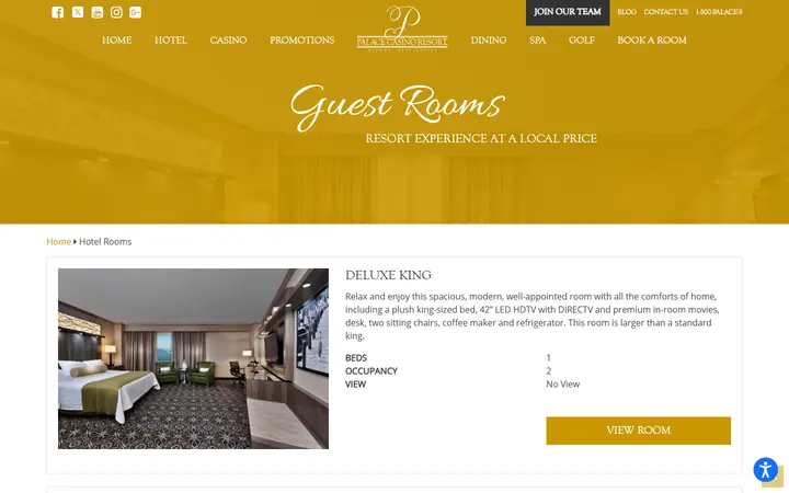 Captured rooms page of Palace Casino Resort