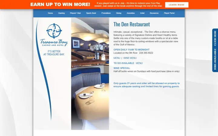 Captured dining page of Treasure Bay Casino & Hotel