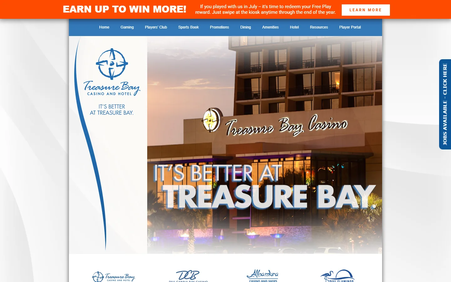 Viewport capture of Treasure Bay Casino & Hotel official website