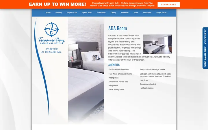 Captured rooms page of Treasure Bay Casino & Hotel
