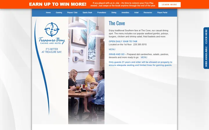 Captured dining page of Treasure Bay Casino & Hotel