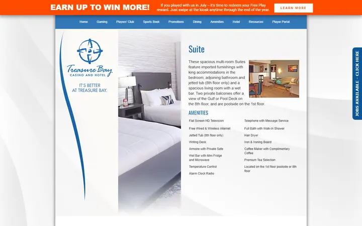 Captured rooms page of Treasure Bay Casino & Hotel