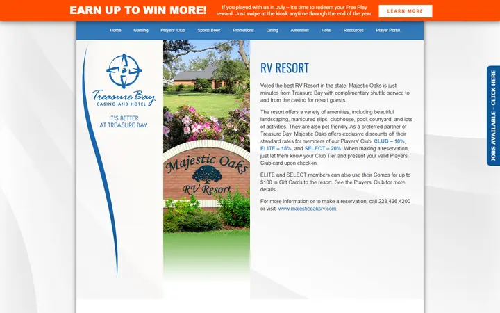 Captured casino page of Treasure Bay Casino & Hotel