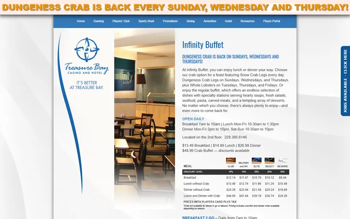 Captured dining page of Treasure Bay Casino & Hotel
