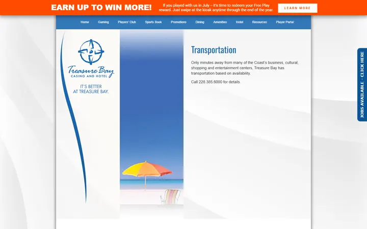 Captured casino page of Treasure Bay Casino & Hotel
