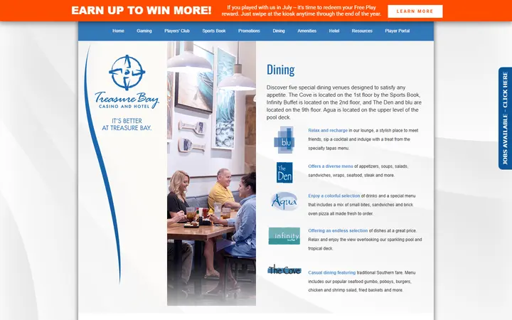 Captured dining page of Treasure Bay Casino & Hotel
