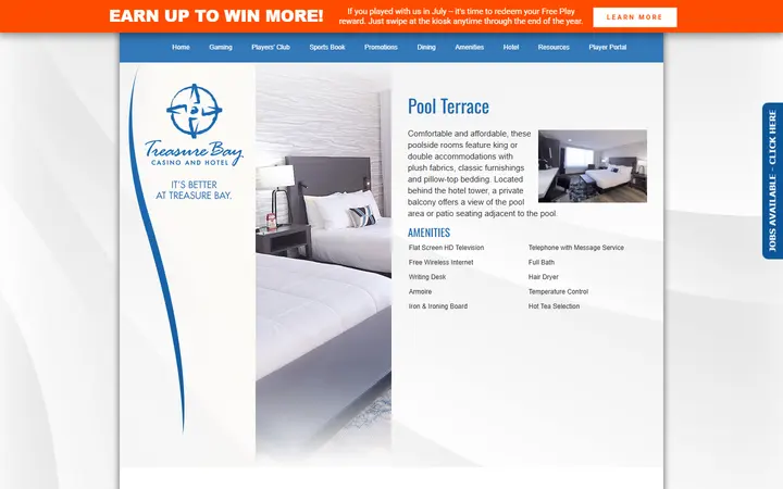 Captured rooms page of Treasure Bay Casino & Hotel