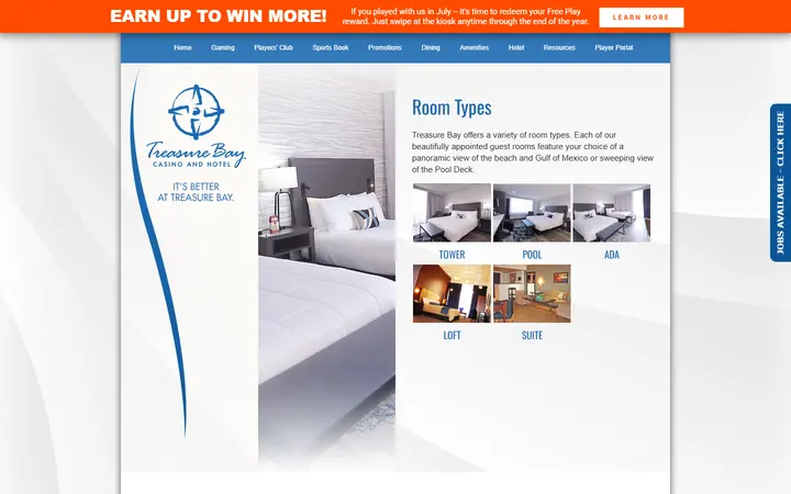Captured rooms page of Treasure Bay Casino & Hotel