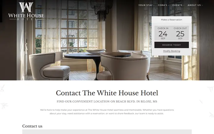 Captured contact page of White House Hotel